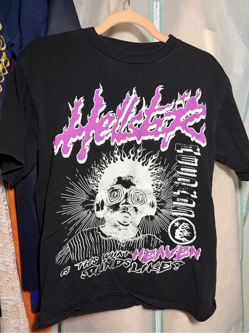 Men's Black HELLSTAR Graphic Tee with Pink Script and White Illustration